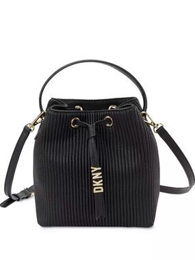 DKNY Black Textured Drawstring Small Crossbody Bucket Bag NWT